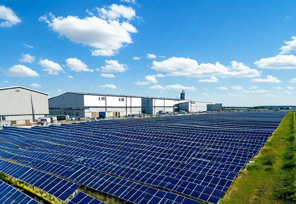Крупный складской комплекс с солнечными панелями, покрывающими всю крышу — решение для снижения энергозатрат и повышения устойчивости бизнеса.