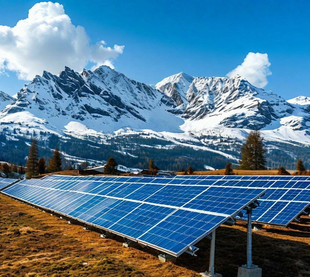 Солнечная электростанция на фоне снежных гор — иллюстрация эффективности систем в холодных регионах.