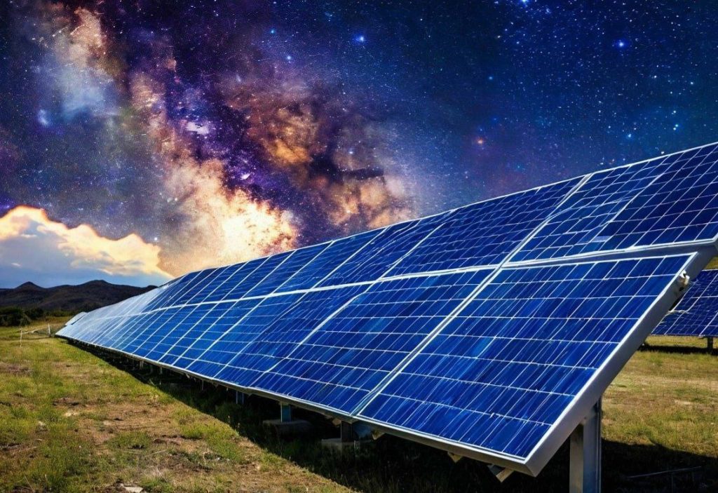 Солнечные панели на фоне ночного неба со звездами — символ работы системы круглосуточно и возможности хранения энергии.