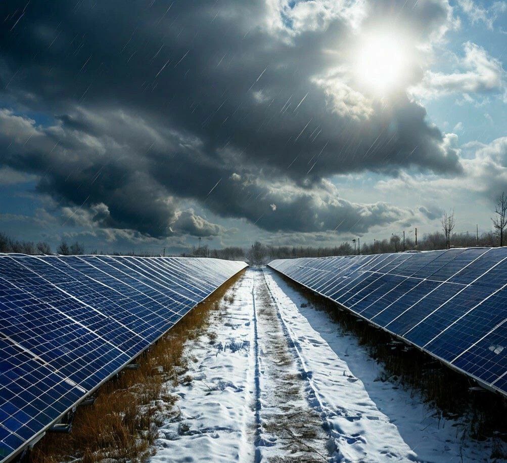 Солнечные панели под грозовым небом — демонстрация надежности и устойчивости систем к неблагоприятным погодным условиям.