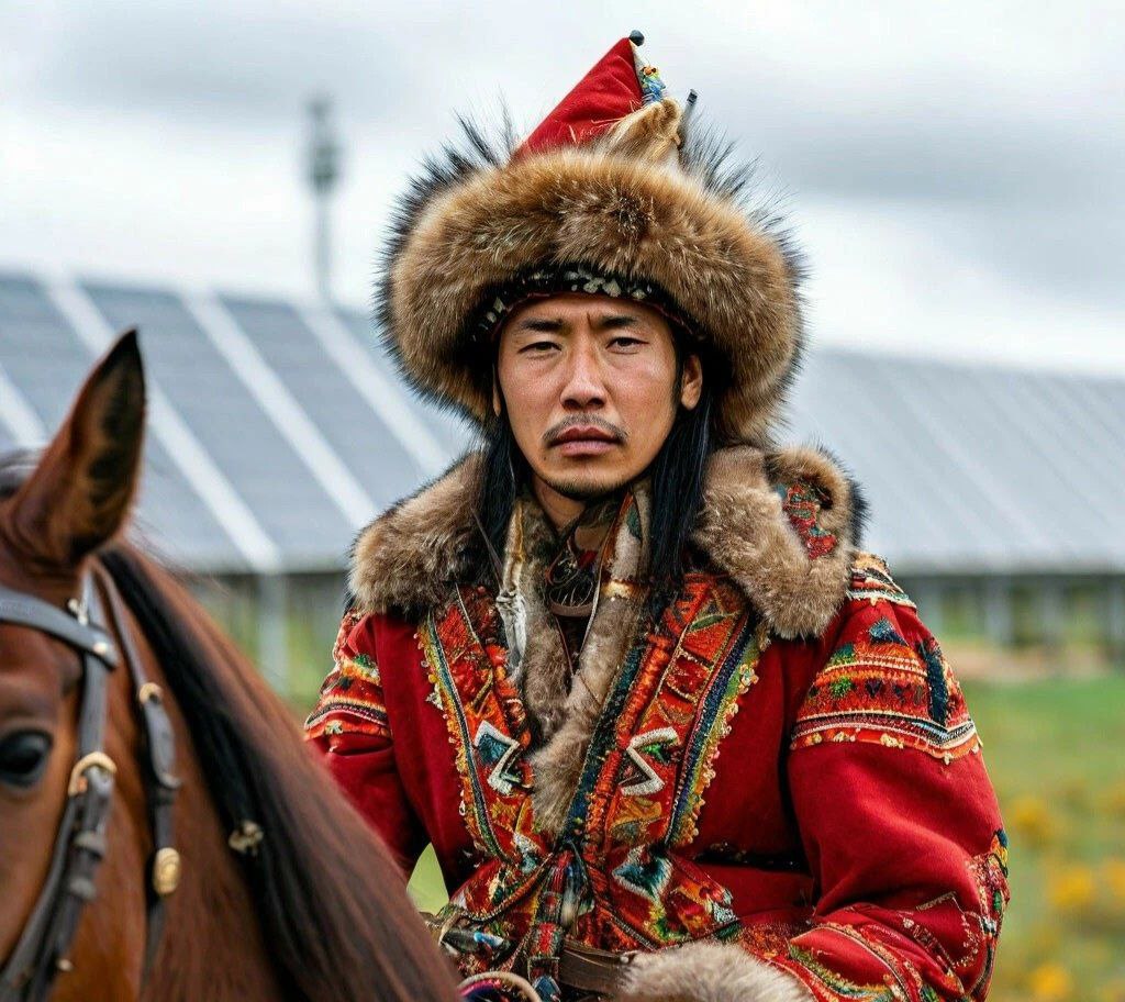 Мужчина в национальном костюме с меховой шапкой — иллюстрация того, как солнечная энергия может быть решением даже в суровых климатических условиях.
