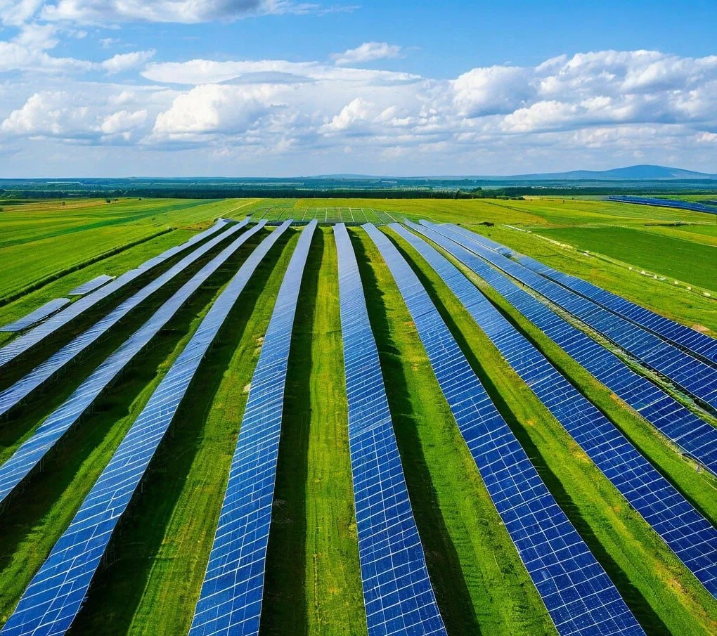 Аэрофотосъемка аккуратных рядов солнечных панелей на зеленом поле — символ масштабной и эффективной солнечной электростанции.