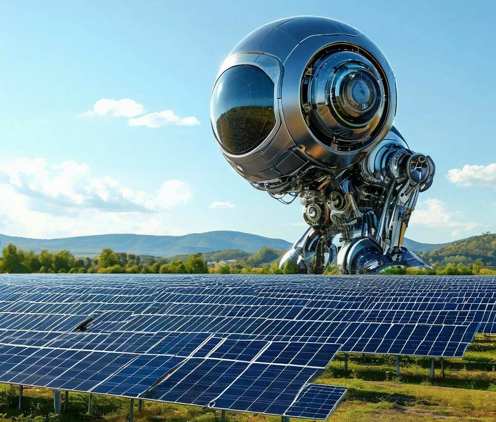 Футуристический робот-инспектор над солнечными панелями — символ автоматизации и высоких технологий в обслуживании солнечных электростанций.
