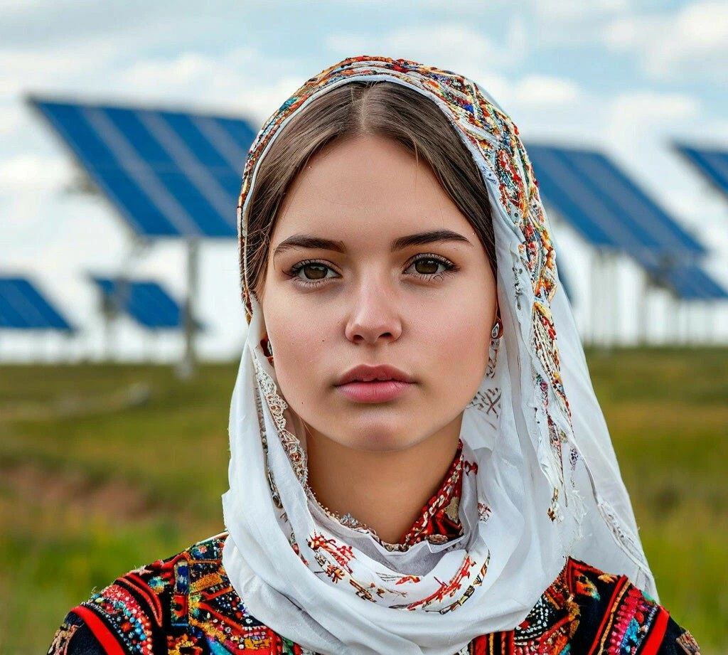 Женщина в традиционном головном уборе на фоне солнечных панелей — символ устойчивого развития и перехода к чистой энергии в разных культурах.