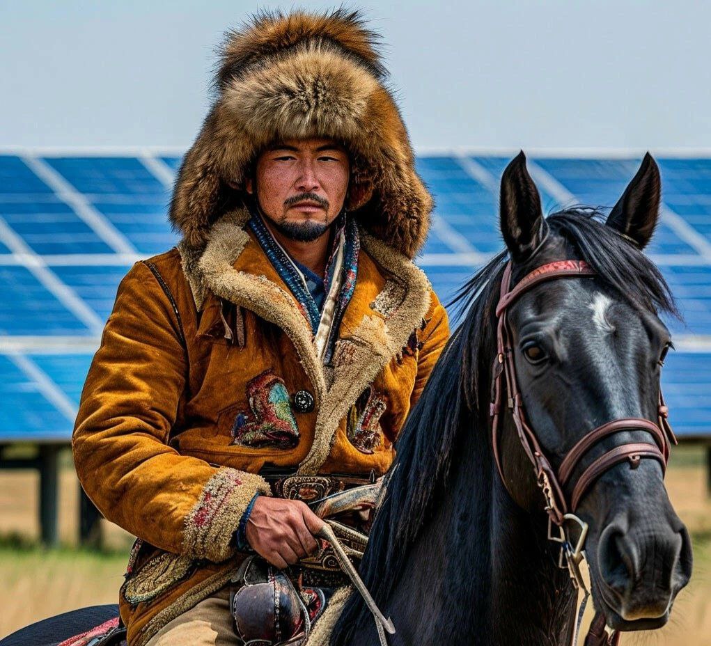 Человек в традиционной зимней одежде верхом на лошади — символ интеграции современных технологий в жизнь разных регионов и культур.