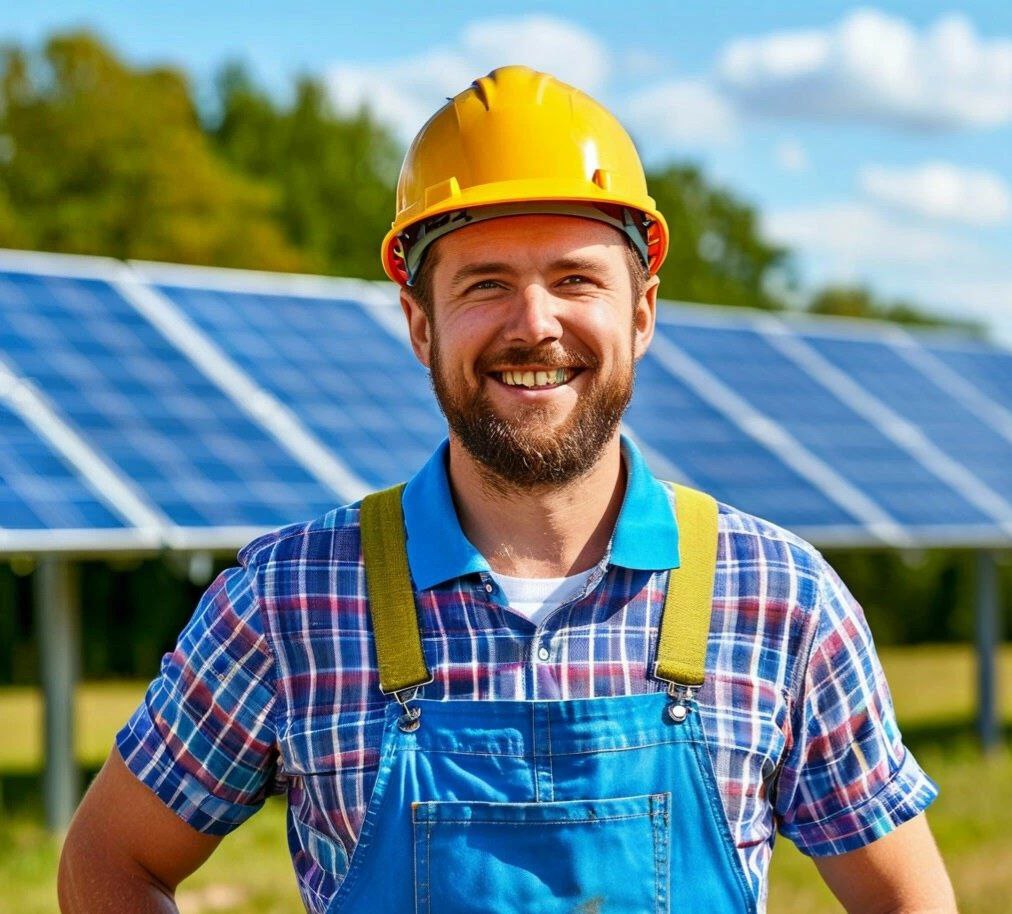 Улыбающийся монтажник в защитном шлеме и рабочей одежде — лицо профессиональной команды, устанавливающей солнечные системы "под ключ".
