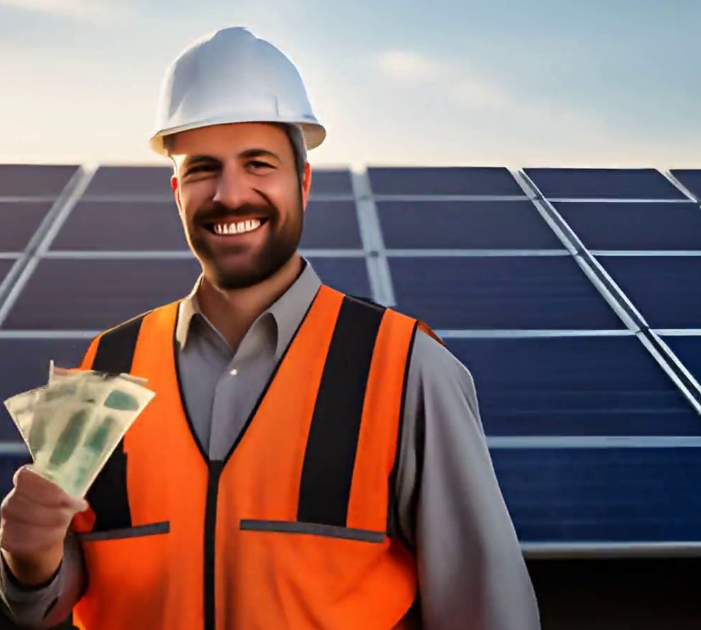 Улыбающийся специалист в жилете и шлеме с деньгами в руках — символ финансовой выгоды и успешных инвестиций в солнечную энергетику.