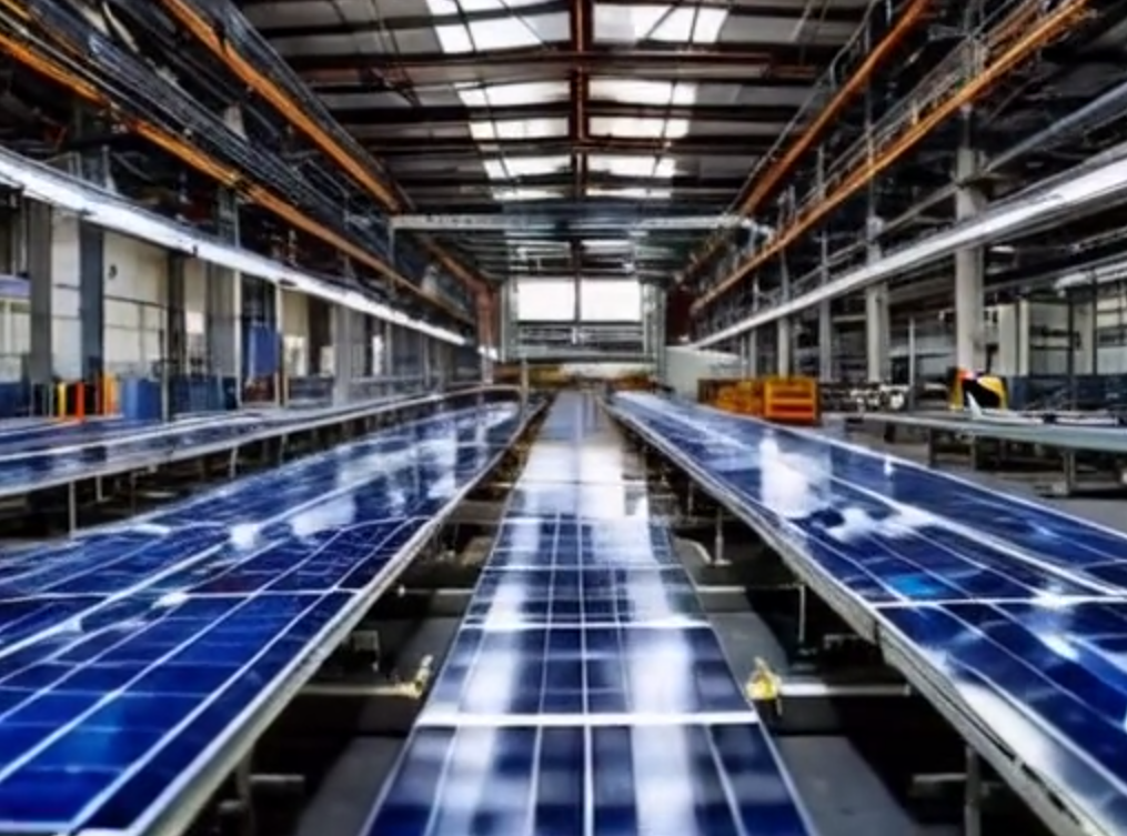 Производственный цех с конвейером солнечных панелей — символ технологичного производства и качества оборудования.
