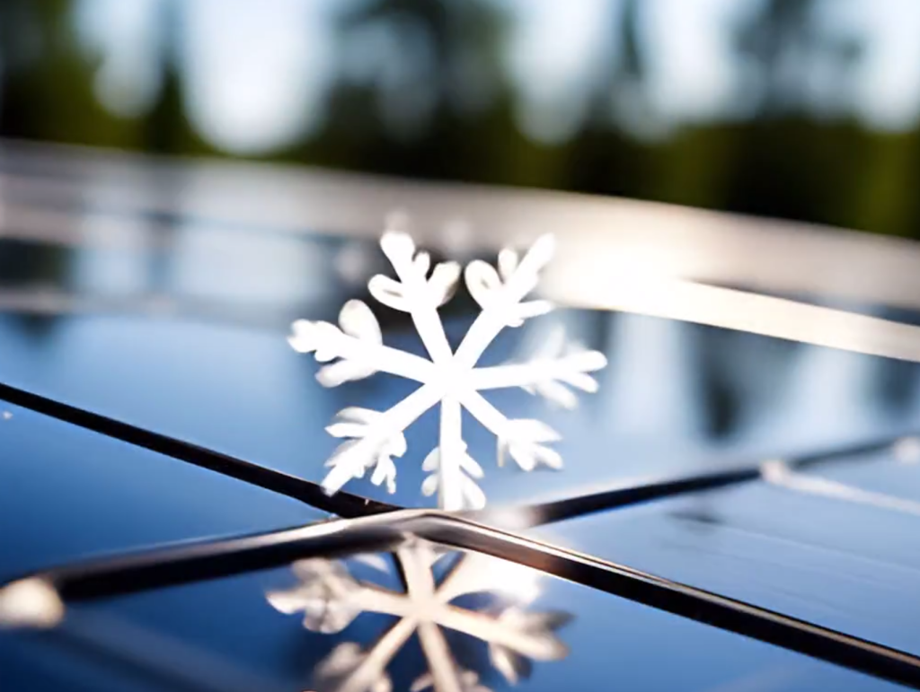 Снежинка на поверхности солнечной панели — иллюстрация работы систем в зимний период и их устойчивости к снегу.